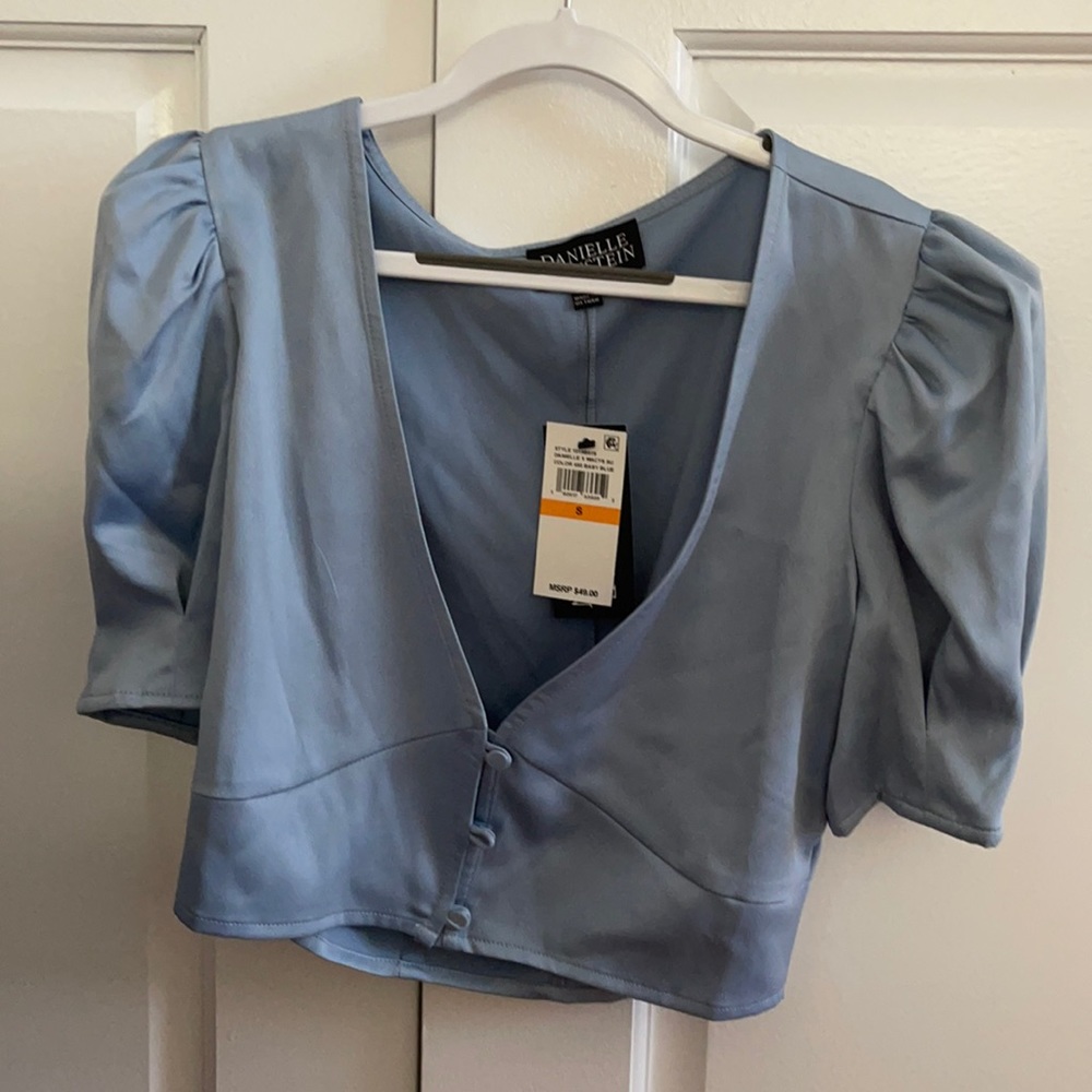 Danielle Bernstein x Macy’s baby blue silk top